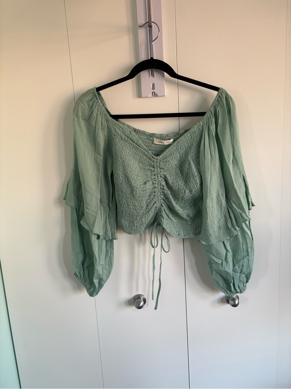 Peasant Blouse in Sage Green with barrel sleeves and scrunched front